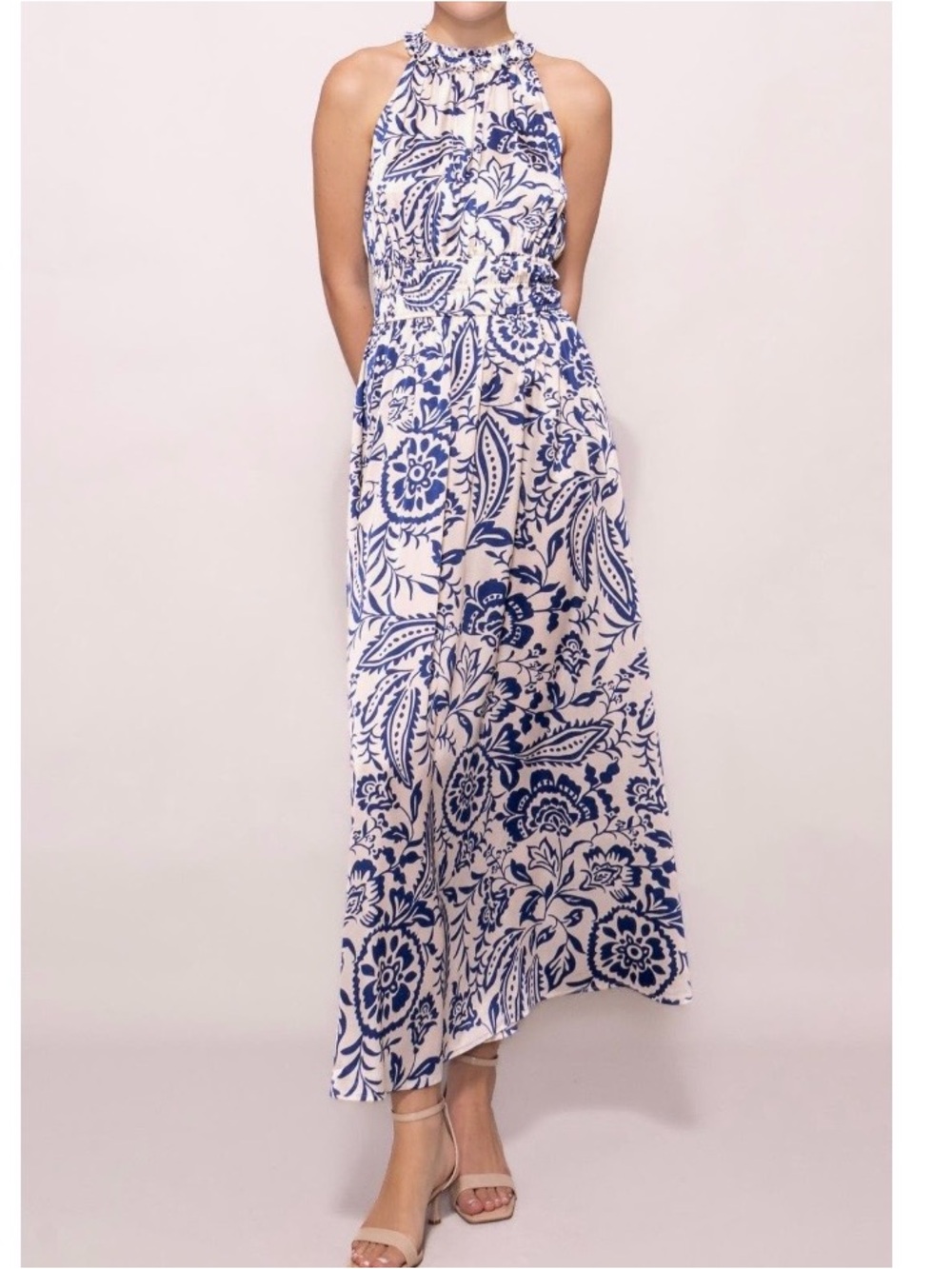 Melloday Blue White Floral Halter Maxi Dress Sleeveless Pockets Size S